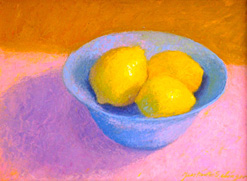 Lemons in a Blue Bowl, still life oil painting by Justina Selinger