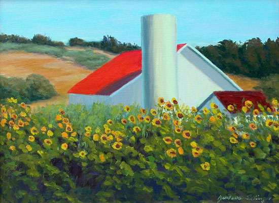 "Barn with Sunflowers" Oil on Board  11 x 14
